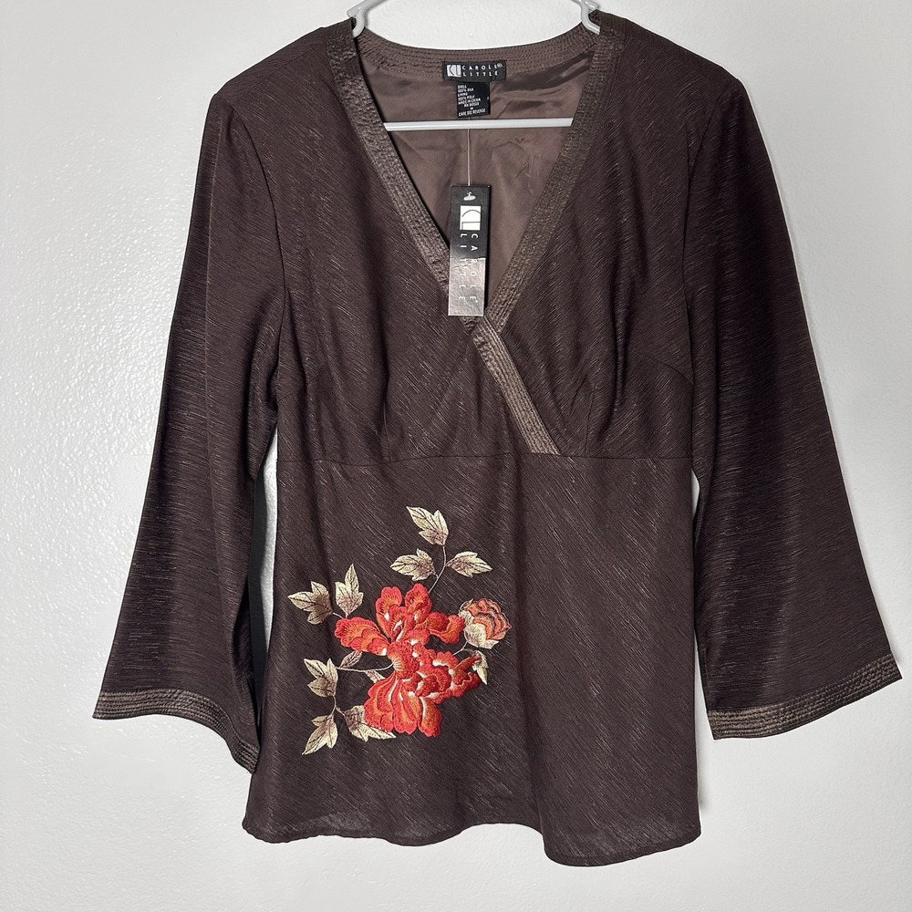 Carole Little Size-M Floral Silk Blouse‎ Brown Embroidered  Asian Inspired